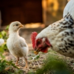 Glucke frisst Kükenfutter